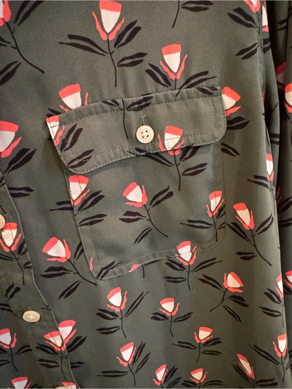 LOFT Olive Green Floral Print Button-Front Blouse - Picture 3 of 4